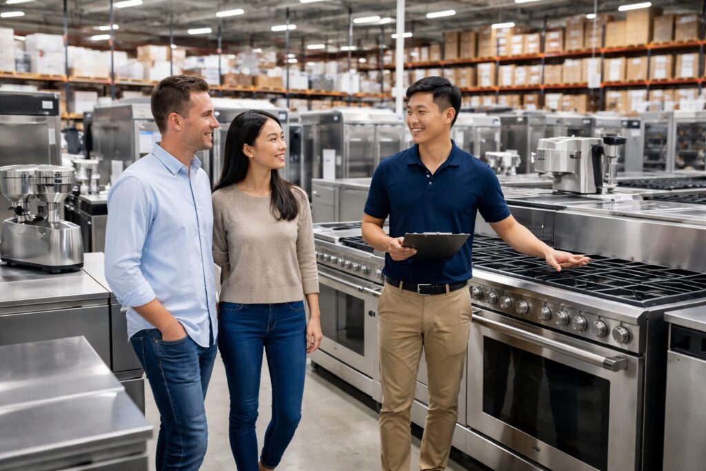 commercial appliance showroom with Asian staff assisting customers among rows of modern equipment and warehouse inventory
