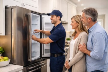 Homeowner and appliance technician inspecting a modern stainless steel refrigerator in a bright kitchen during installation