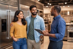 multicultural family shopping for modern luxury kitchen appliances in a bright showroom with a sales associate assisting them