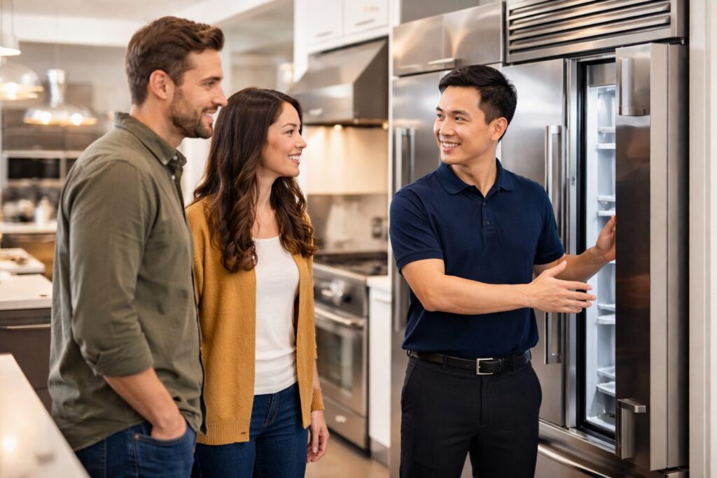 Multicultural family shopping for modern kitchen appliances in a bright showroom with a sales associate assisting them
