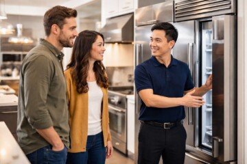 Multicultural family shopping for modern kitchen appliances in a bright showroom with a sales associate assisting them