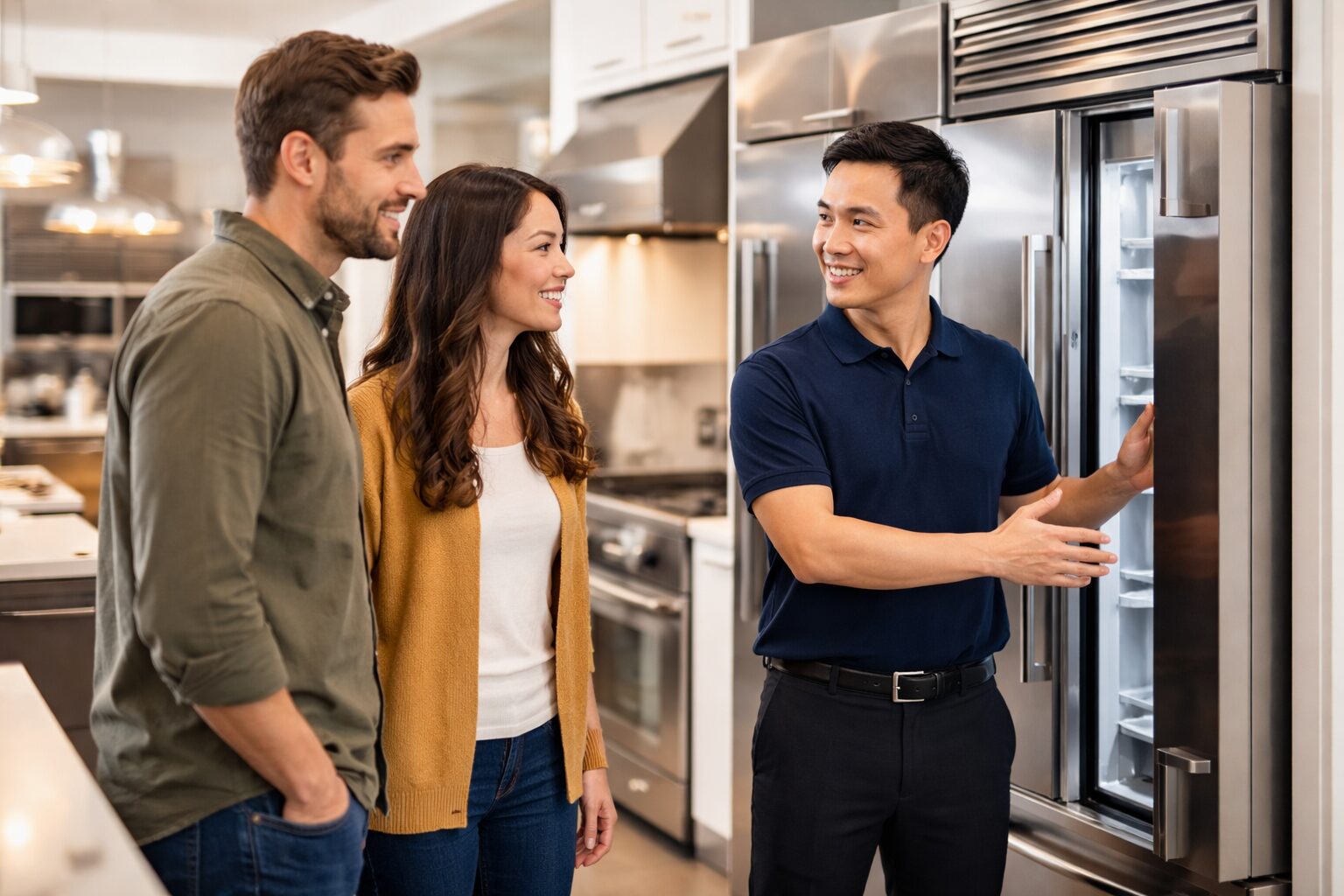 Multicultural family shopping for modern kitchen appliances in a bright showroom with a sales associate assisting them