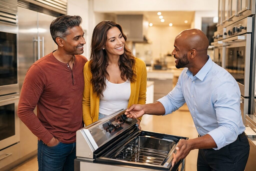 diverse group of customers and sales associates interacting in a modern appliance showroom with luxury kitchen appliances