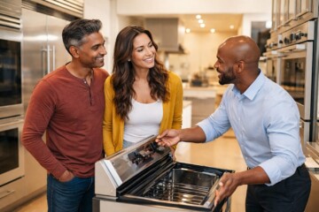 diverse group of customers and sales associates interacting in a modern appliance showroom with luxury kitchen appliances