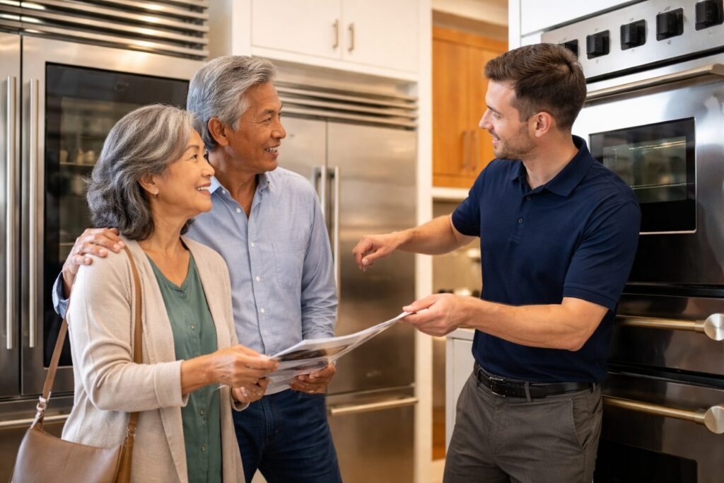 Asian older couple examining a modern kitchen appliance in a bright, contemporary home setting with natural interaction