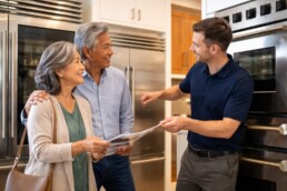 Asian older couple examining a modern kitchen appliance in a bright, contemporary home setting with natural interaction