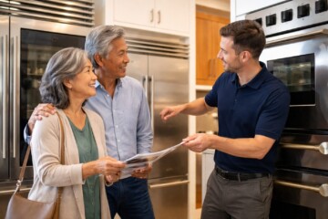 Asian older couple examining a modern kitchen appliance in a bright, contemporary home setting with natural interaction