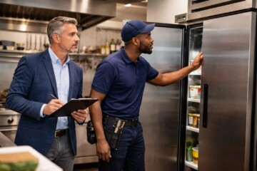 Appliance technician explaining warranty options to a couple in a modern kitchen showroom with various appliances visible