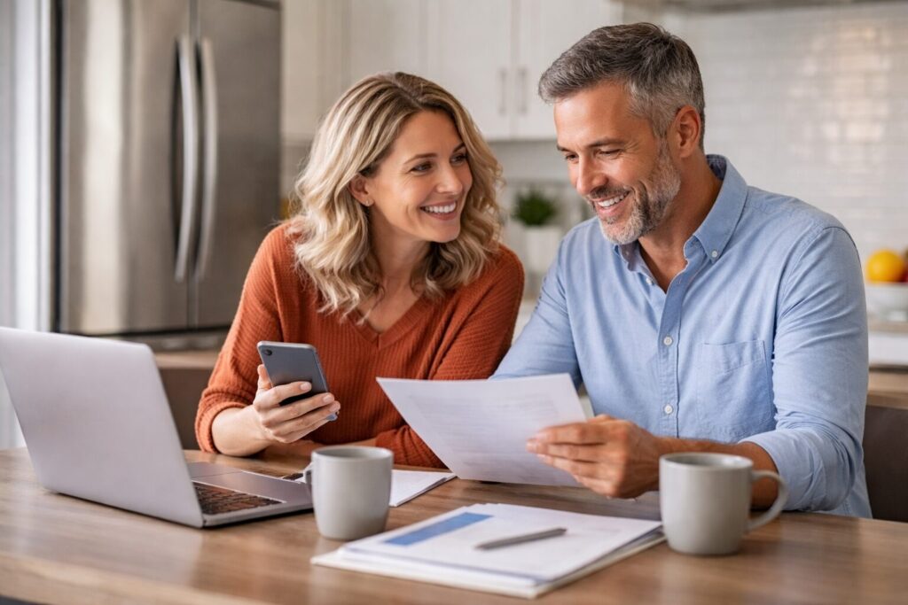 Appliance store sales associate assisting a middle-aged couple choosing a refrigerator in a bright showroom