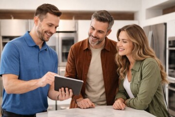 Appliance sales associate assisting a diverse couple shopping for a refrigerator in a bright modern showroom