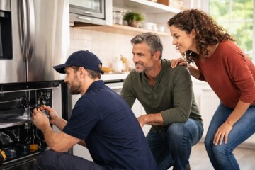 Appliance technician repairing a washing machine in a modern laundry room while homeowner observes nearby