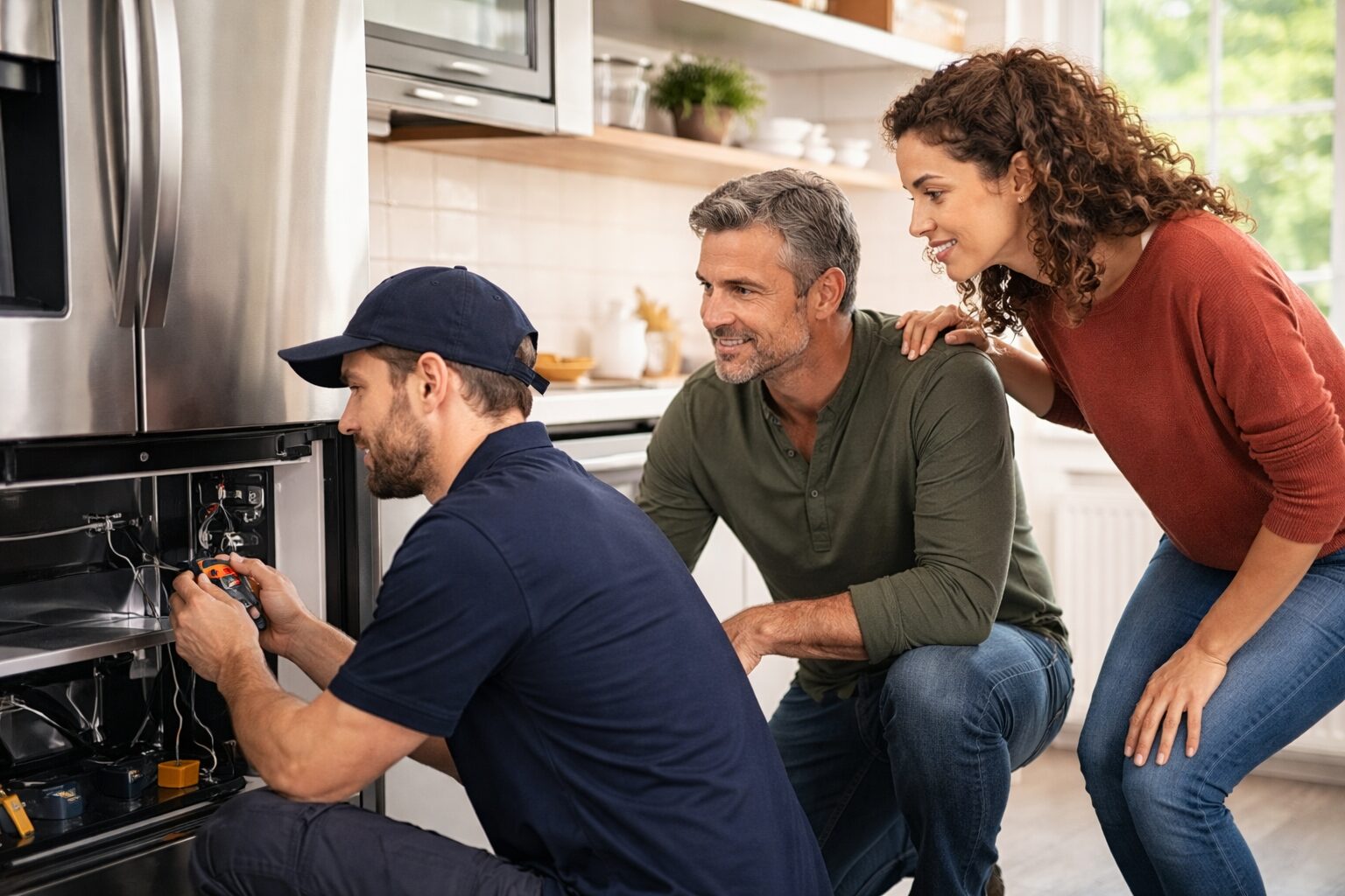 Appliance technician repairing a washing machine in a modern laundry room while homeowner observes nearby