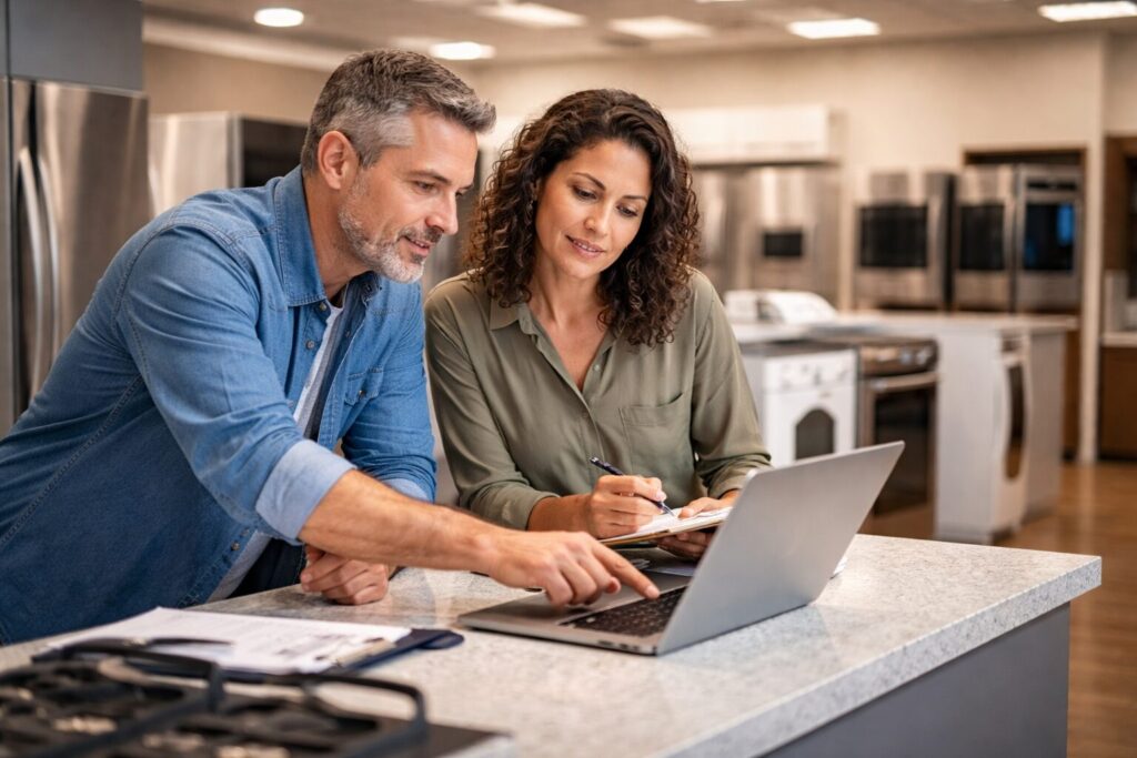 Appliance store sales associate assisting a middle-aged couple choosing a refrigerator in a bright showroom