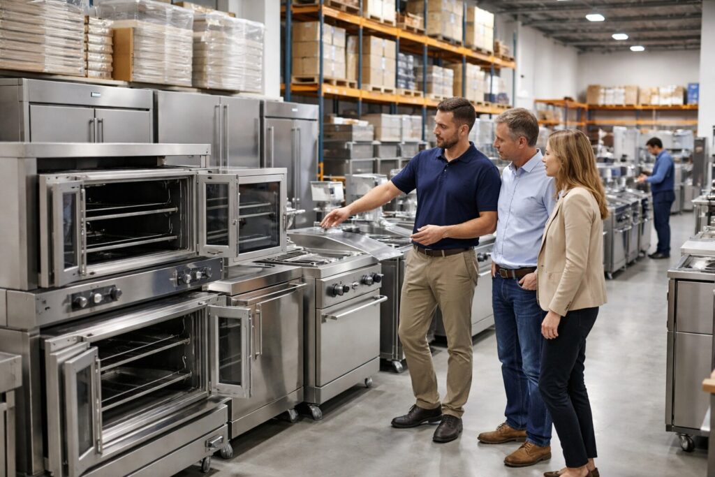 commercial appliance showroom with staff assisting customers and rows of modern equipment on display in a clean space