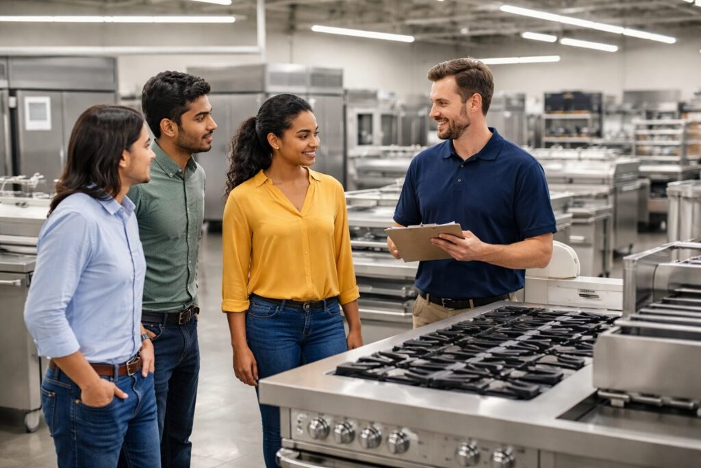 commercial appliance showroom with diverse staff assisting customers among rows of modern equipment displays