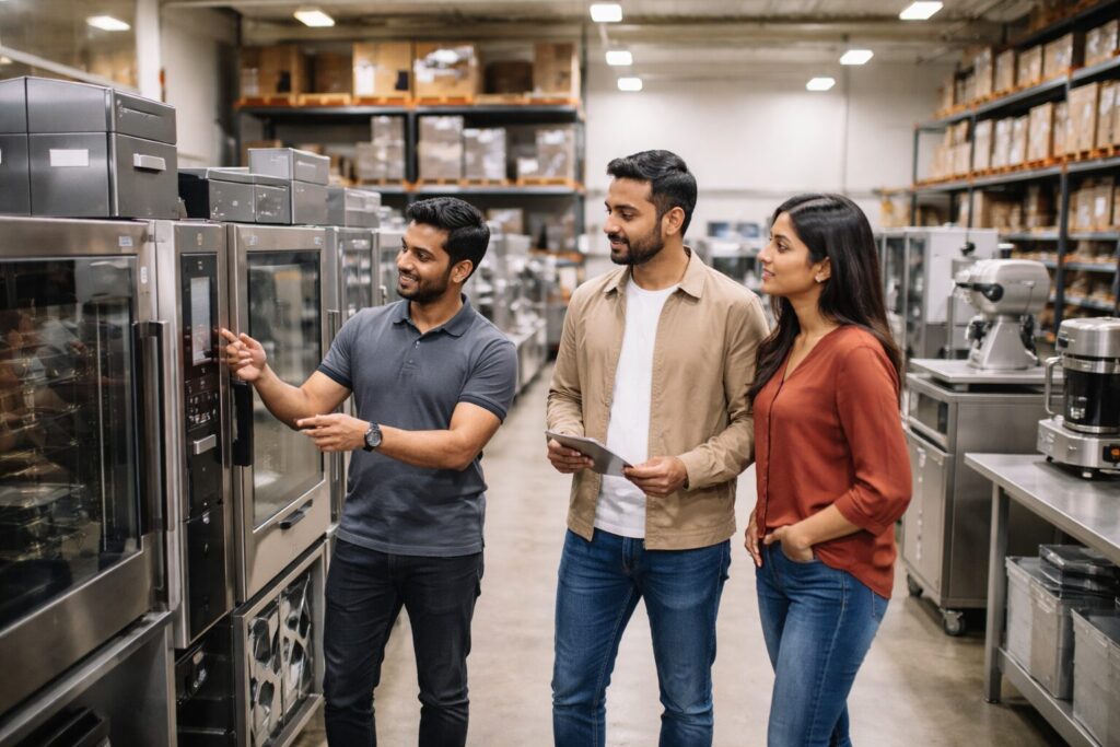 commercial appliance showroom with diverse staff assisting customers among rows of modern equipment and inventory racks