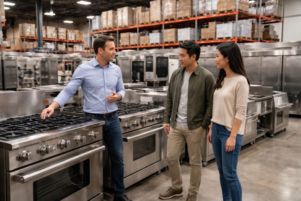 Asian commercial equipment dealer showing customers modern appliances in a clean, organized showroom environment