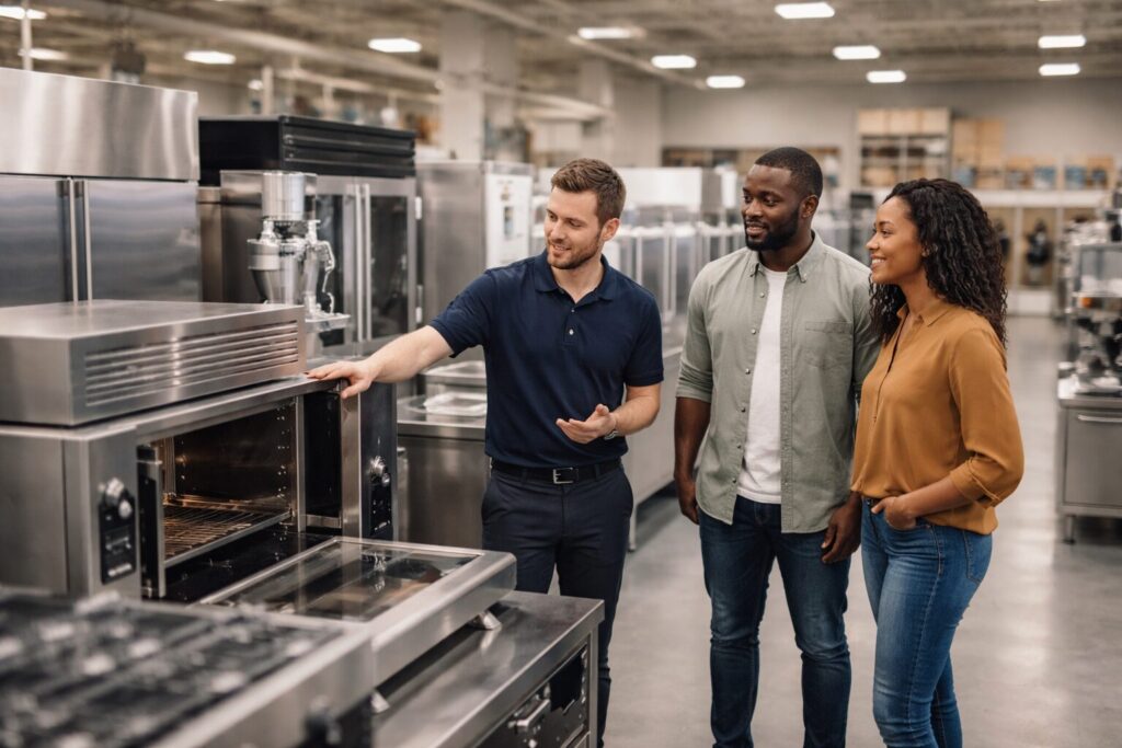 commercial appliance showroom with diverse staff assisting customers among rows of modern equipment and inventory racks