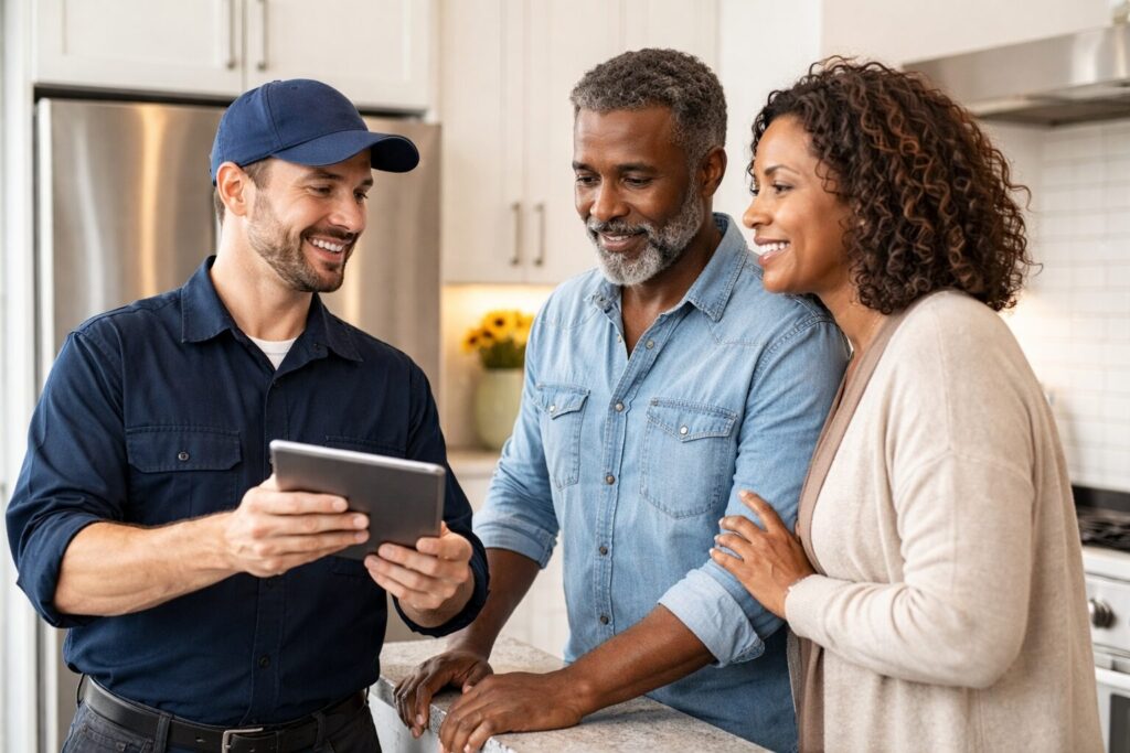 Appliance sales associate discussing warranty options with a middle-aged couple in a modern kitchen showroom