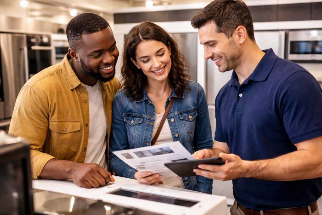 Appliance sales associate assisting a middle-aged couple in a modern showroom with warranty plan discussion visible