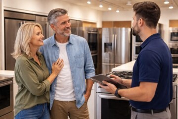 Appliance sales associate showing kitchen appliances to a middle-aged couple in a modern showroom
