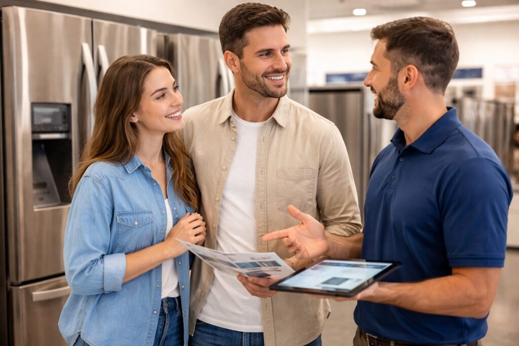 Appliance sales associate assisting a diverse couple in a modern showroom with a stainless steel refrigerator display