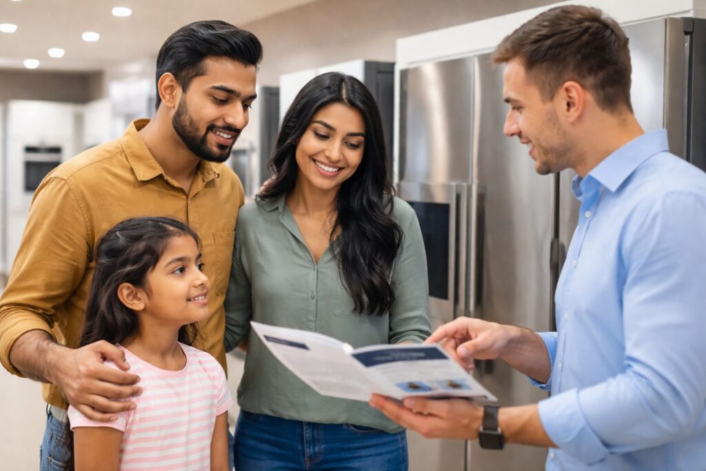Brown family of four discussing appliance warranty options while shopping for a refrigerator in a modern showroom