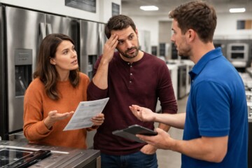 Appliance sales associate explaining warranty options to a couple shopping in a modern appliance showroom