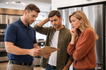 Appliance sales associate explaining warranty options to a middle-aged couple shopping in a modern appliance showroom