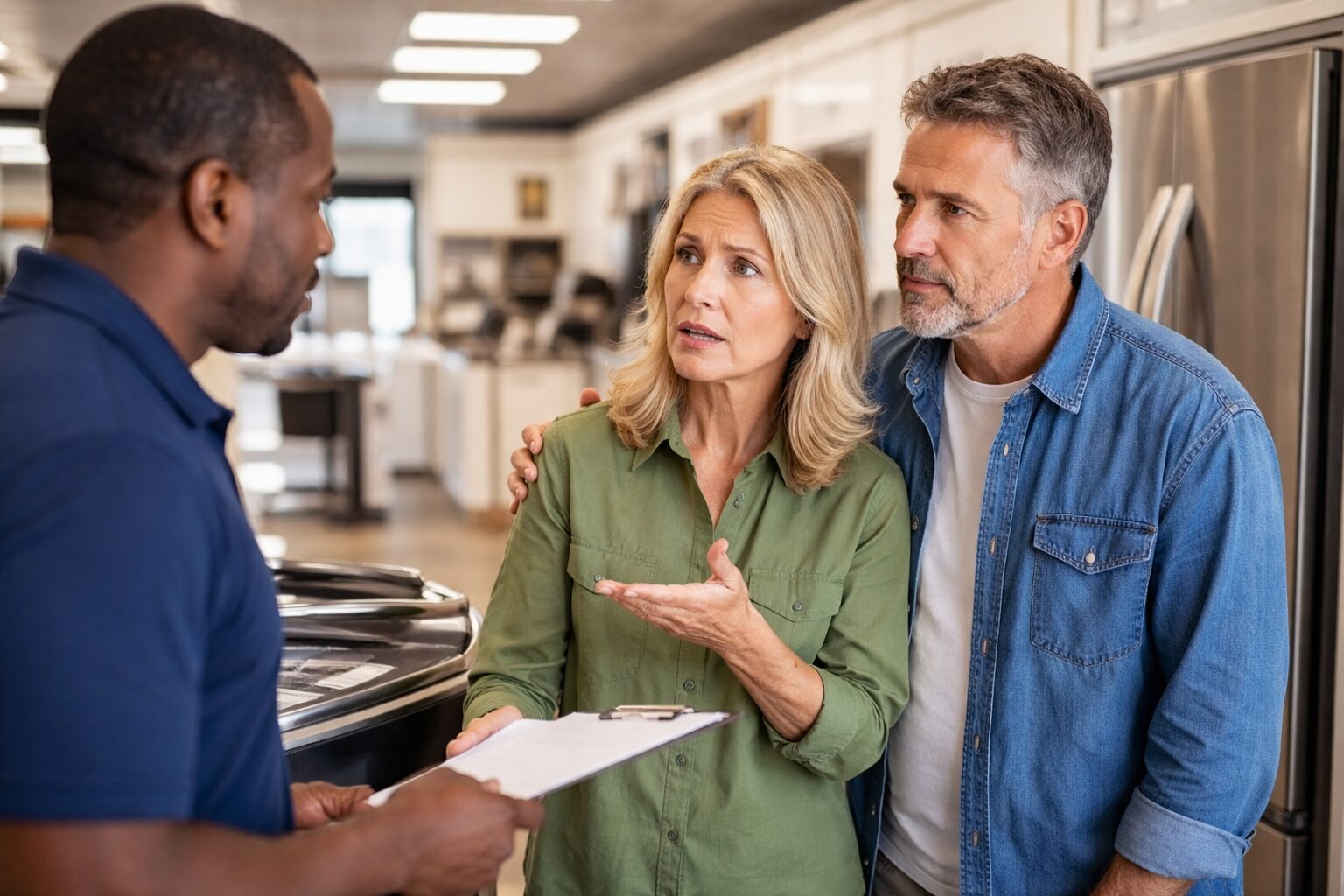 Appliance sales associate assisting a middle-aged couple in a modern showroom with kitchen appliances on display