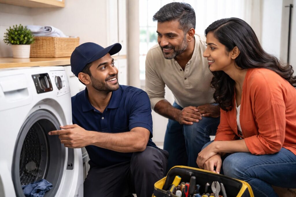 Brown family in modern kitchen discussing appliance repair with a technician holding a tablet and inspecting a dishwasher
