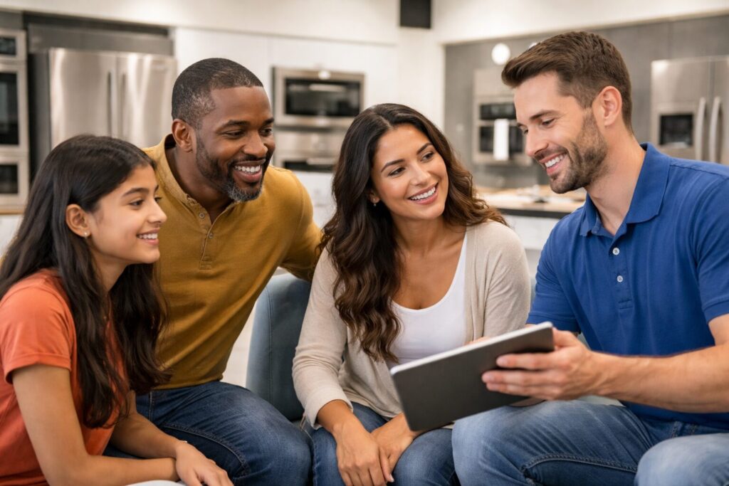 multicultural group of appliance retailers and technicians discussing warranty options in a modern showroom environment