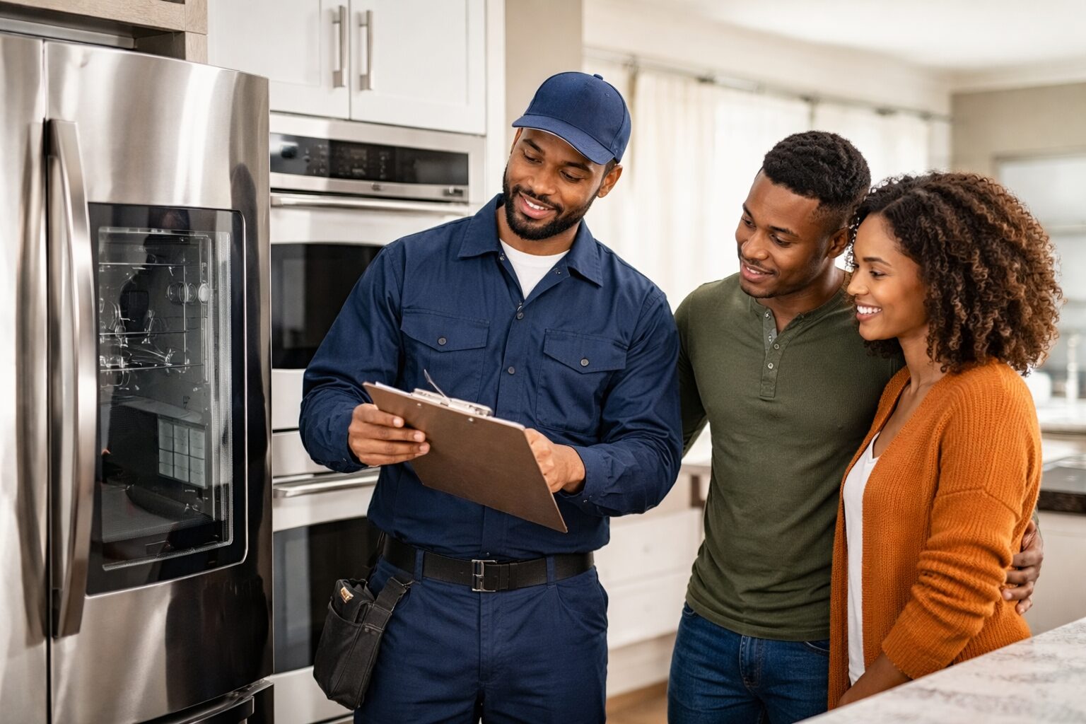 Multicultural group of homeowners and technician discussing appliance warranty options in a modern kitchen setting