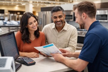 Diverse group of customers and sales associates discussing warranty options in a modern appliance showroom during checkout
