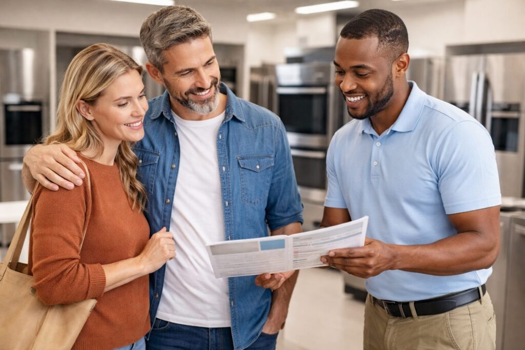 couple discussing appliance warranty options while browsing modern kitchen appliances in a bright showroom