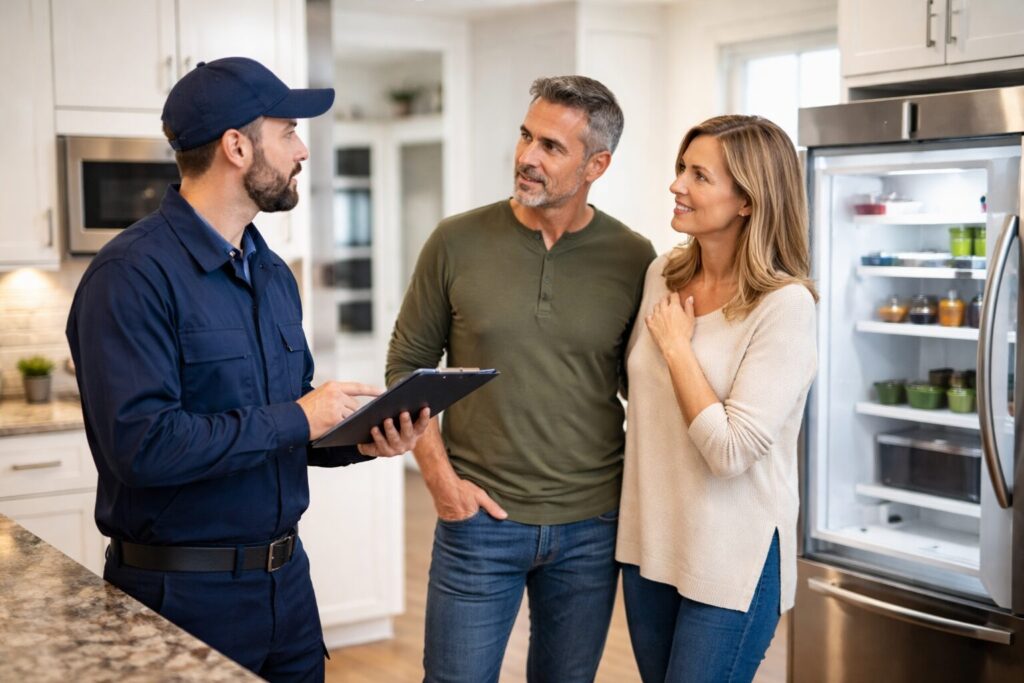 Appliance sales associate assisting a middle-aged couple in a modern showroom with a washing machine display