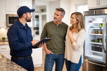 Appliance sales associate assisting a middle-aged couple in a modern showroom with a washing machine display