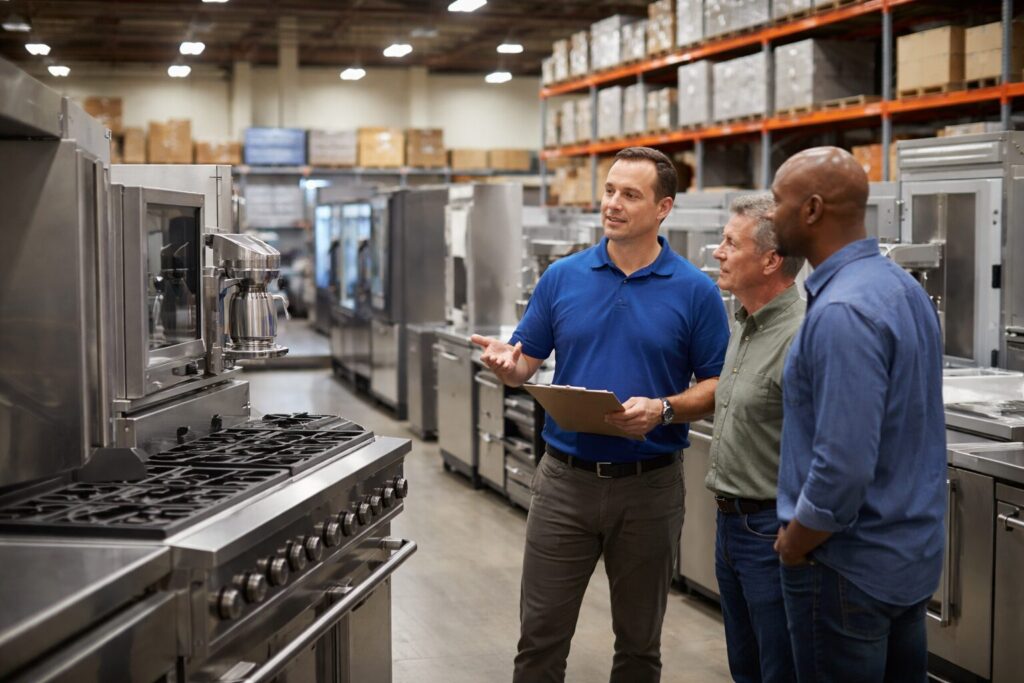commercial appliance showroom with staff assisting customer among rows of modern equipment and warehouse storage racks