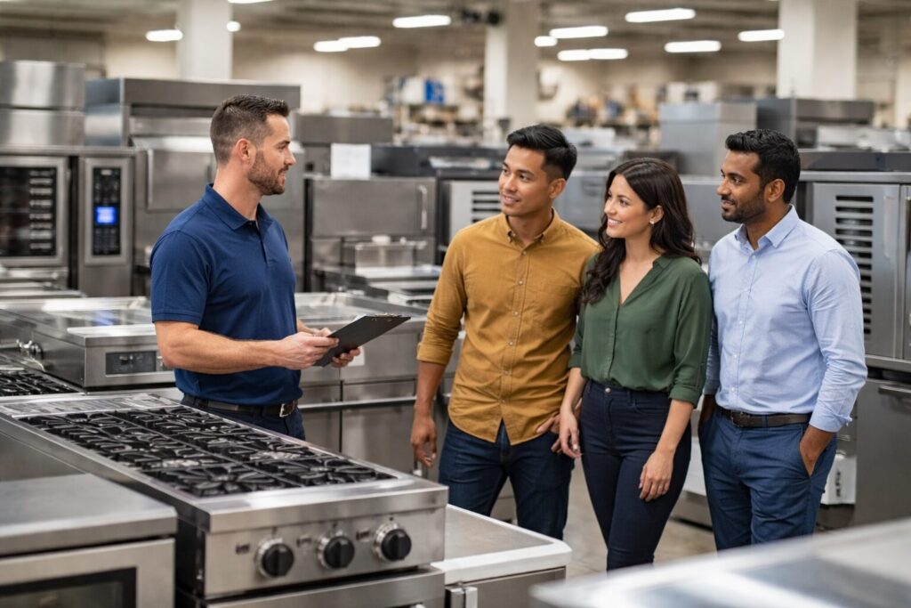 commercial appliance showroom with diverse customers and staff discussing equipment displayed in organized rows