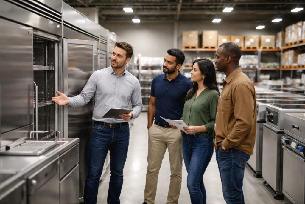 Commercial appliance showroom with diverse customers and staff discussing equipment displayed in organized rows