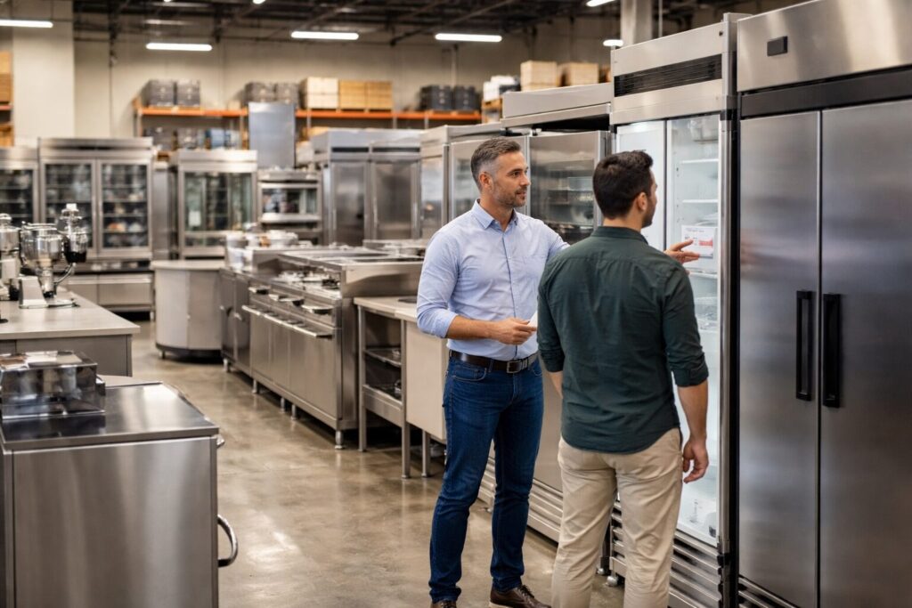 commercial appliance showroom with staff assisting customers and various commercial equipment on display in organized rows