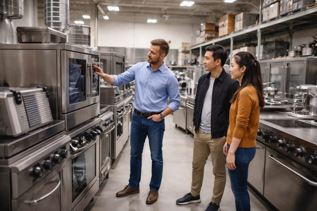 Asian commercial equipment dealer showing customers various used and refurbished appliances in a modern showroom environment