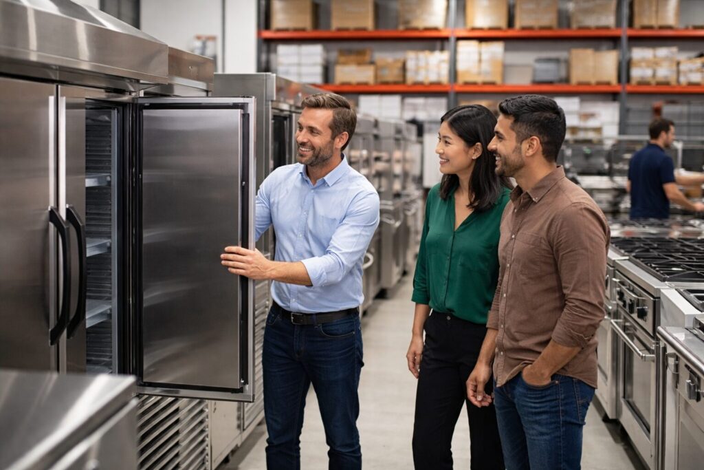 Multicultural staff and customers discussing commercial kitchen equipment in a modern appliance dealer showroom with rows of