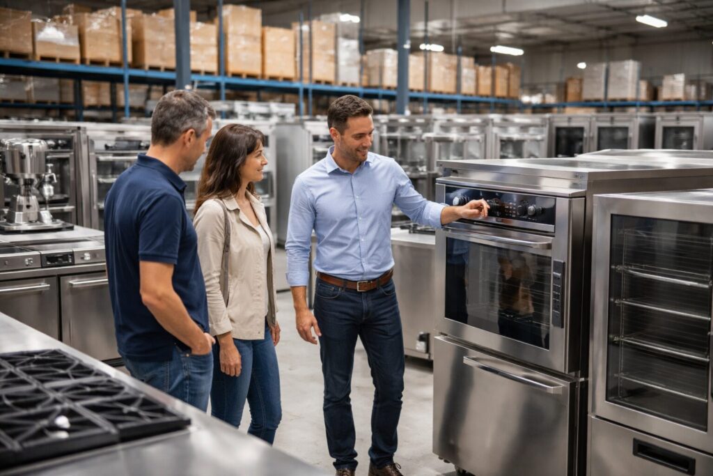 commercial appliance dealer showroom with staff assisting customers and rows of commercial kitchen equipment on display