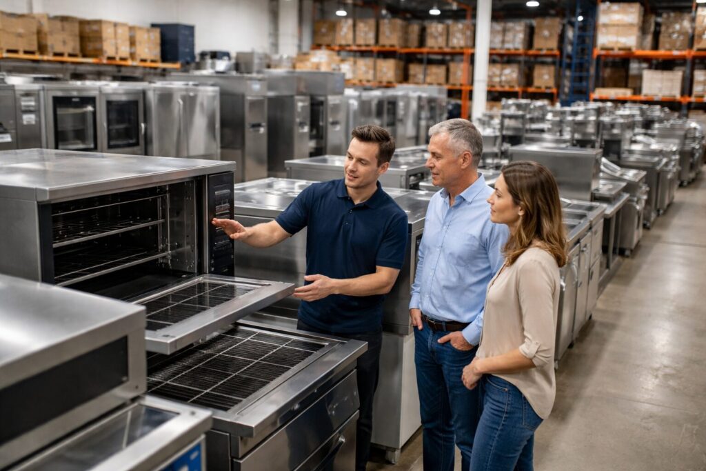 Commercial appliance dealer showing equipment to customer in a clean, organized showroom with modern appliances on display
