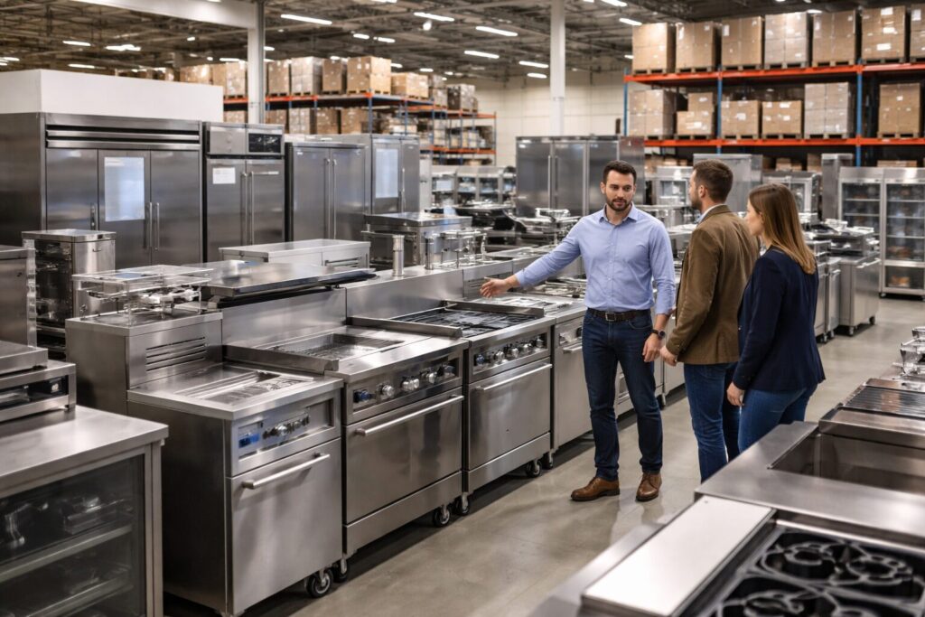 commercial appliance dealer showroom with staff assisting customers and various equipment displayed in organized rows