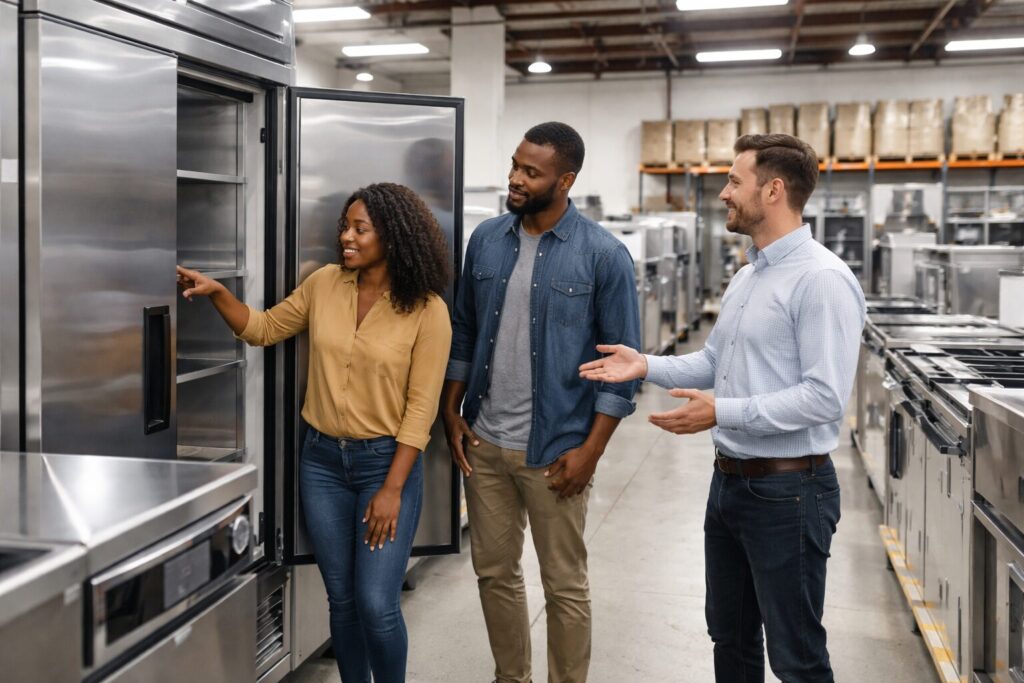 commercial appliance dealer showroom with diverse staff assisting customers among rows of modern equipment and appliances