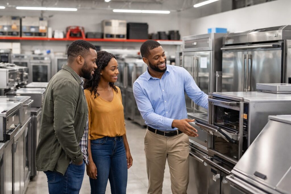 commercial appliance showroom with diverse customers and staff discussing equipment displayed in organized rows