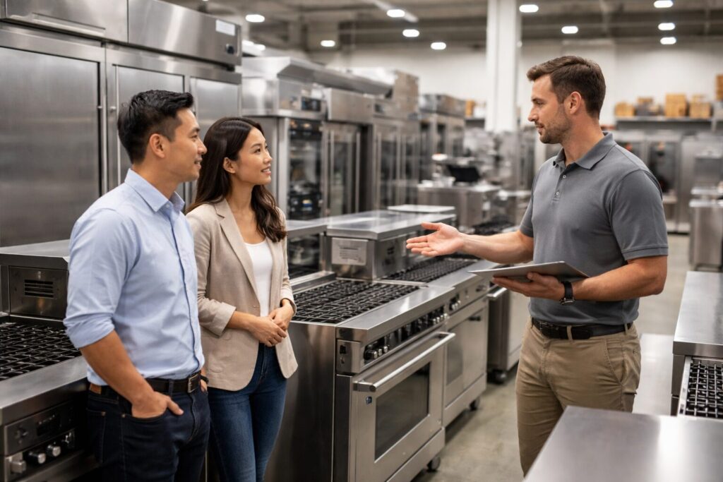 Asian commercial appliance dealer showing equipment to a customer in a modern showroom with various appliances displayed