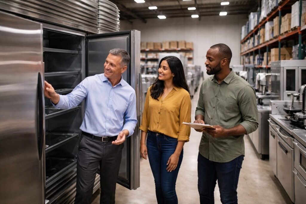 Commercial appliance showroom with diverse customers and staff examining modern equipment displayed in organized rows
